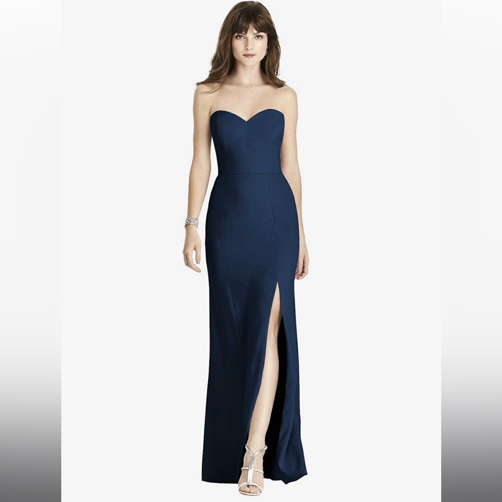 STRAPLESS CREPE TRUMPET GOWN WITH FRONT SLIT IN MIDNIGHT NAVY